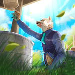 大人になってから考えると、あかずきんちゃんの狼は、かなり悲惨な運命をたどります。といって狼のやり口も大人になってから考えるとかなり邪悪。
これらの印象から、スーツを着てにこにこと近づいてきた詐欺師の狼が腹に石を詰められて井戸に落ちる運命に思いをはせながら描いたものです。