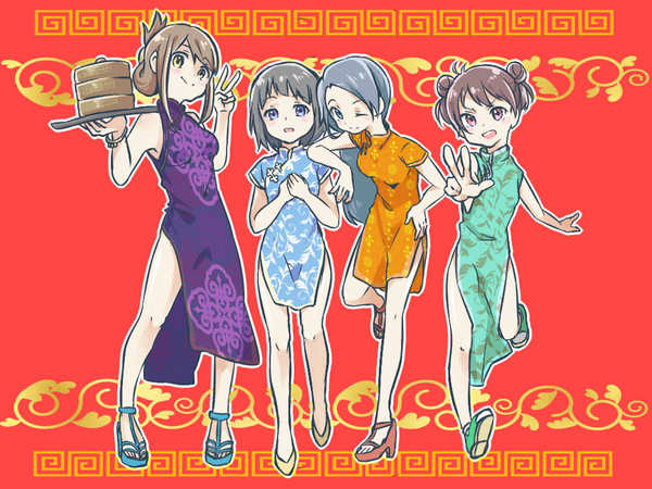 チャイナドレスの少女４人の絵 制作実績 Skillots スキロッツ